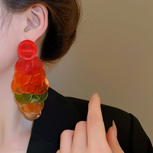 Close-up of colorful round layered sequin drop earrings on a female model