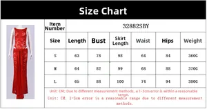 Size chart showing bust, waist, and length measurements for lace sequined dress set