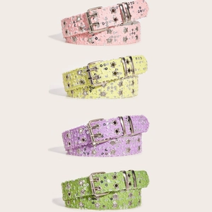 Detail of glitter star rivet belts in pink yellow purple and green with double grommets