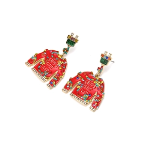 Festive red Christmas sweater earrings with 'Let's Get Lit' text and colorful rhinestones