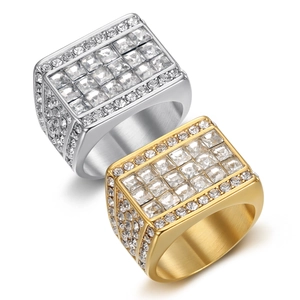 Luxury Men Ring 316L Stainless Steel Full Square Cubic Zirconia Pave Hip Hop Fashion Jewelry Iced Out Square Signet