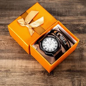 Men's Fashion Simple Quartz Watch And Braided Bracelet Set Alloy Case PU Leather Strap Wristwatch Pairing With Gift Box