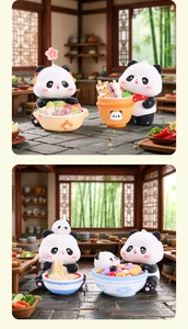 Detailed close-up of cute panda figurines with miniature food props in a cozy scene