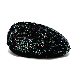 Fashionable black velvet beret for women featuring iridescent sequins and a sleek design
