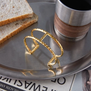 Double-layered hammered gold stainless steel open cuff bracelet for women