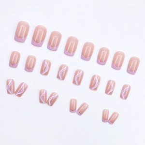 Unghie finte French rosa e lilla con glitter argento e onde artistiche, 24 pezzi