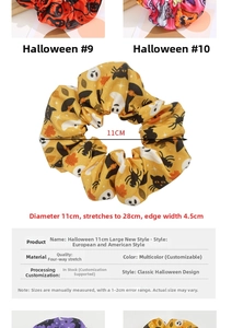 Detailed view of Halloween scrunchies featuring pumpkin prints and dimensions on a chart