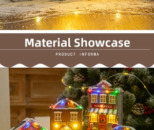 Detailed view of LED miniature Christmas village houses with snowy toy store and post office