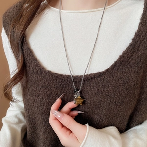 Close-up of star pendant necklace with tiger eye stone and silver chain on model