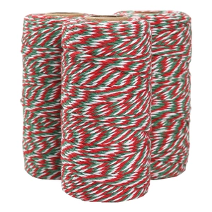 Three-pack of 100m red green and white twisted cotton bakers twine for Christmas gift wrapping