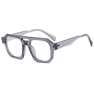 Retro transparent grey aviator sunglasses with geometric double bridge and large frame