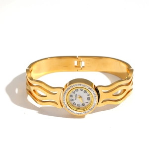 Elegant gold stainless steel hollow-out bracelet watch with rhinestone bezel for women