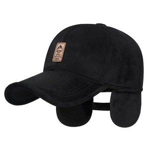 Winter men's baseball cap with ear flaps and mountain sport patch in black plush