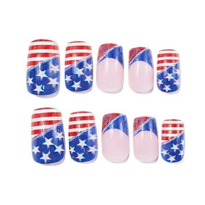 Star and stripe pattern press-on nails with American flag design in square oval shape