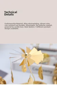 Detail of gold rotating candle holder made of electroplated alloy with feather pendants