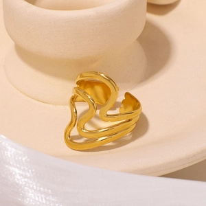 18k gold plated stainless steel wavy open ring with layered ripple design for women