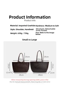 Size chart showing large and small woven leather tote bag dimensions and specifications