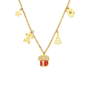 Gold 18K plated stainless steel necklace featuring enamel Christmas charms and rhinestones