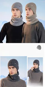 Detail of warm winter knitted beanie and neck warmer set with thick faux fur fleece lining