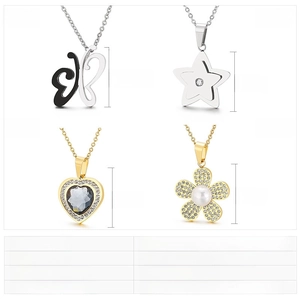 Detailed size chart for stainless steel daisy and butterfly pendant necklaces with rhinestones