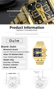 Detailed view of Oulm square gold quartz watch with 316L steel strap and date calendar