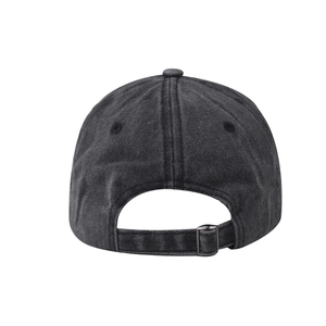 Detail of adjustable metal buckle and vintage washed fabric texture on back of baseball cap