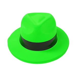 Detail of neon green party top hat with black ribbon trim on white background