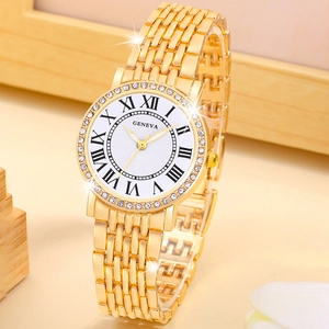 Elegant gold Geneva women's quartz watch with crystal bezel and white Roman numeral dial