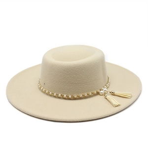 Elegant beige wide brim flat top wool felt hat with gold pearl chain and tassels