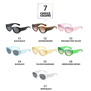 Matrix display of seven colorful oval glitter sunglasses with diverse lens tints