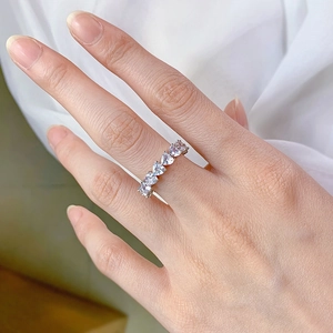 Detailed view of S925 silver heart shaped row ring on hand with white background