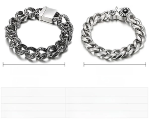 Detail of vintage punk stainless steel Cuban link bracelets in 16mm and 13mm widths