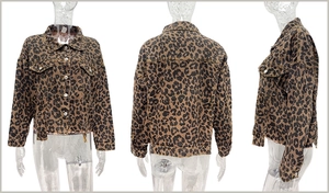 Layout a tre viste della giacca in denim leopardata che mostra fronte, retro e fianco