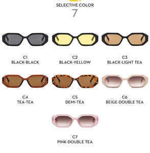 Matrix display of polygon sunglasses in seven colors including tortoiseshell and beige