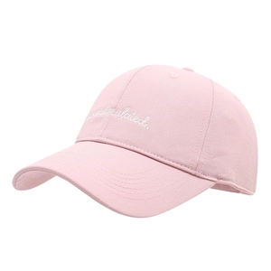 Pink cotton baseball cap with white overstimulated embroidery and curved brim for outdoor use