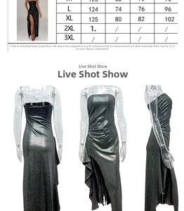 Tableau des tailles détaillé pour robe bustier sexy ajustée et scintillante à fente