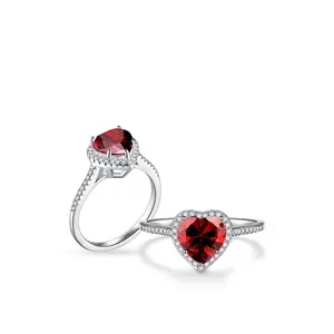 Elegant S925 sterling silver ring with heart-shaped red gemstone and pavé zircon stones
