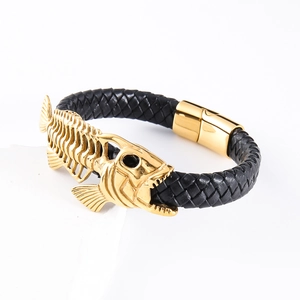 Braided black leather men's bracelet with golden stainless steel fishbone and magnetic clasp