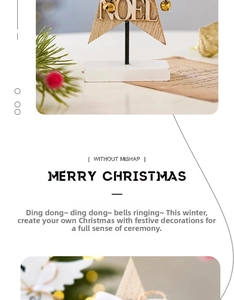 Macro detail of wooden star Christmas ornament with Noel text and small golden bell