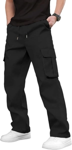 Detailed view of black multi-pocket cargo pants with drawstring waist and durable fabric