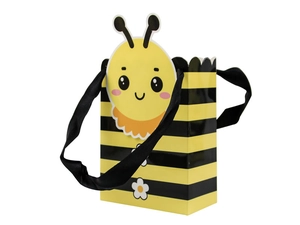 Detail of cartoon bee gift bag with yellow stripes and black ribbon handle for party