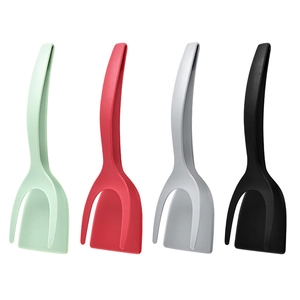Nylon 2-in-1 spatula and food tongs in green, red, silver, and black for steak and eggs