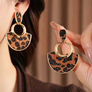 Fashionable leopard print fan-shaped drop earrings with golden metal details for women