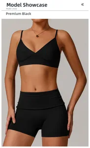 Detail of premium black V-neck sports bra and high-waist shorts set for yoga and fitness
