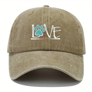 Khaki washed cotton baseball cap with LOVE and paw print embroidery for outdoor wear