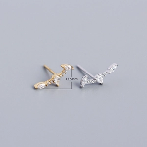 S925 sterling silver bar earrings with cubic zirconia in gold and silver finish, 13.5mm
