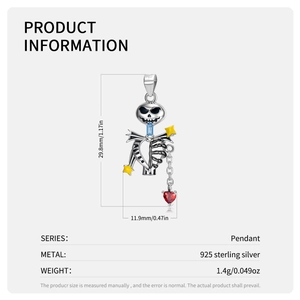 Detailed macro view of S925 silver skeleton pendant with red heart and 29.8mm dimensions