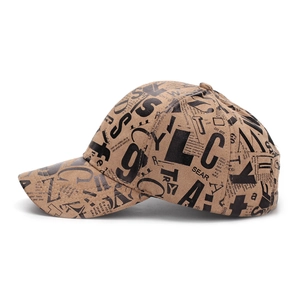 Side view of baseball cap featuring vintage digital letter prints and curved brim