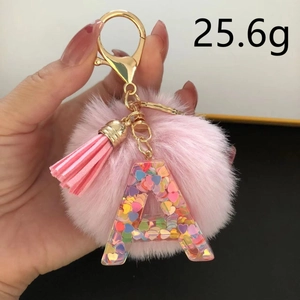 Pink plush ball and resin letter A keychain with colorful heart sequins, 25.6g weight