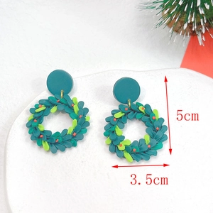 Detail view of handmade Christmas wreath earrings showing 5cm length and 3.5cm width dimensions